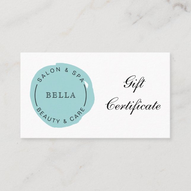 Minimal Modern Aqua Salon Spa Gift Certificate (Front)