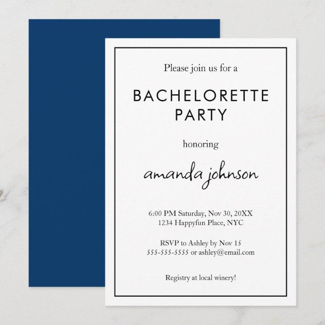 Minimal Modern Bachelorette Party Invitation (Front/Back)