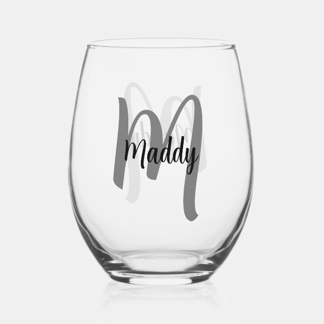 Minimal Modern Black and White Monogram Name Stemless Wine Glass (Front)