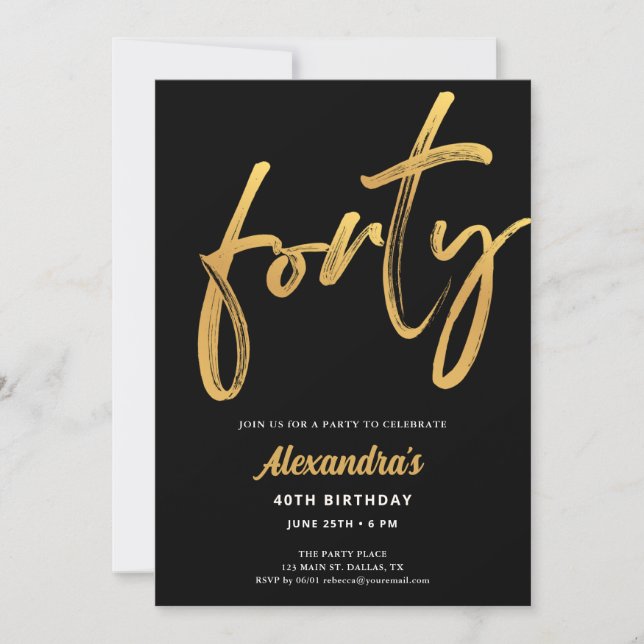 Minimal Modern Black Gold 40th Birthday Invitation (Front)