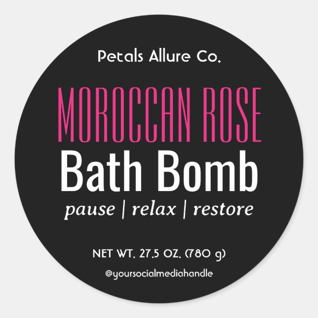 Minimal Modern Black Pink Bath Bomb Round Label (Front)