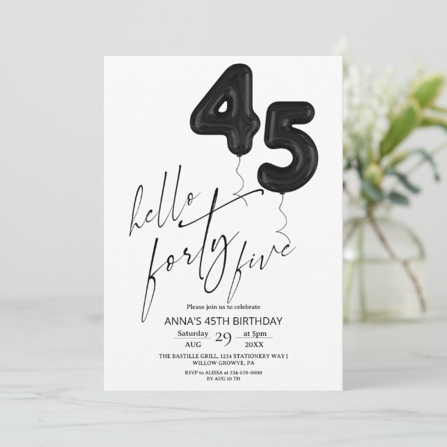 Minimal Modern Black White 45th Birthday Invitation (Standing Front)