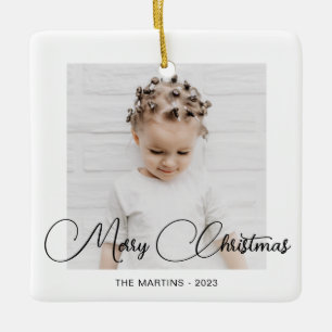 Minimal Modern Black White Christmas Photo Ceramic Ornament