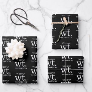 Minimal Modern Black & White Monogrammed Name Wrapping Paper Sheet