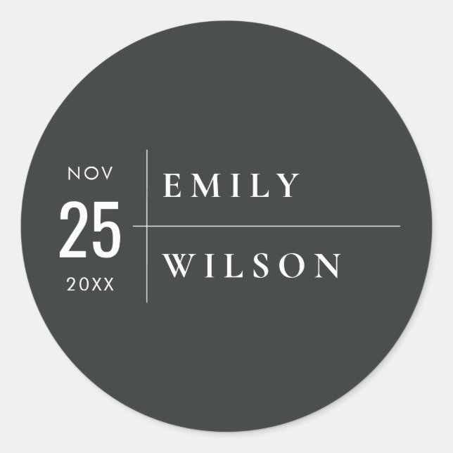 MINIMAL MODERN BLACK & WHITE TYPOGRAPHY WEDDING CLASSIC ROUND STICKER (Front)