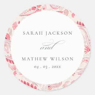 Minimal Modern Blush Paisley Typography Wedding Classic Round Sticker