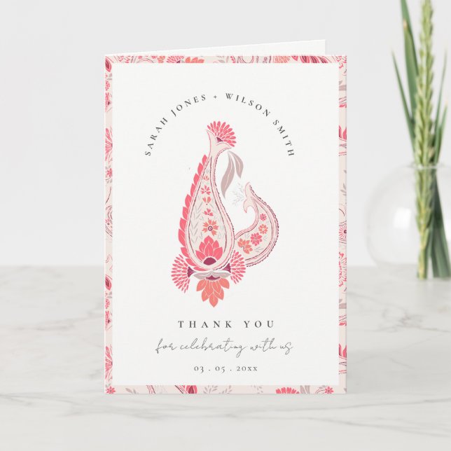 Minimal Modern Blush Paisley Typography Wedding Thank You Card (Front)