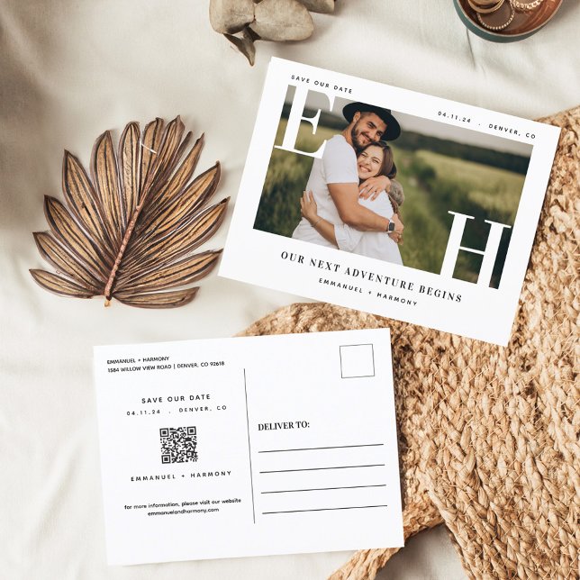 Minimal Modern Bold Wedding Couple Monogram Photo Postcard (Minimal Modern Bold Wedding Couple Monogram Photo Postcard)