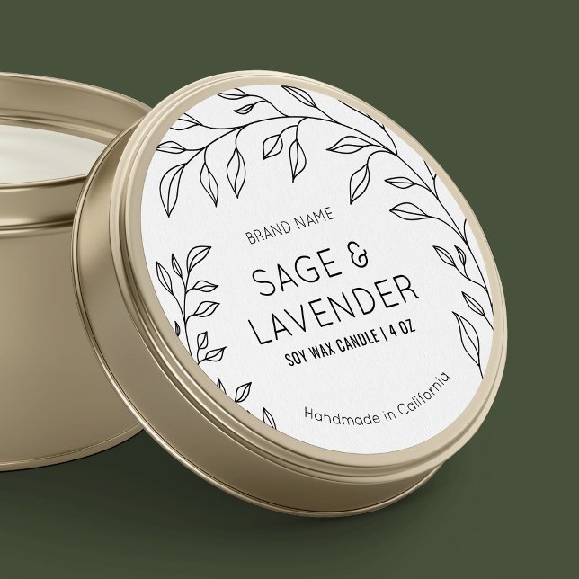 Minimal Modern Botanical Black White Product Label (Modern greenery round product label with fully editable text & colors - great for jar or tin lids)