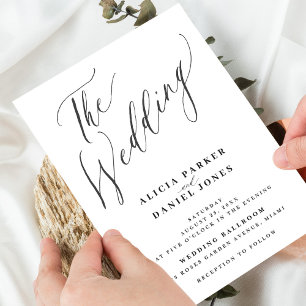 Minimal modern calligraphy photo white wedding invitation