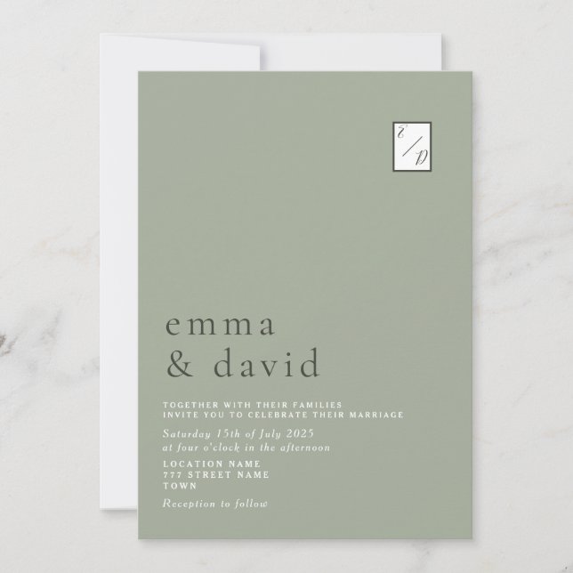 Minimal Modern Calligraphy Sage Green Wedding Invitation (Front)