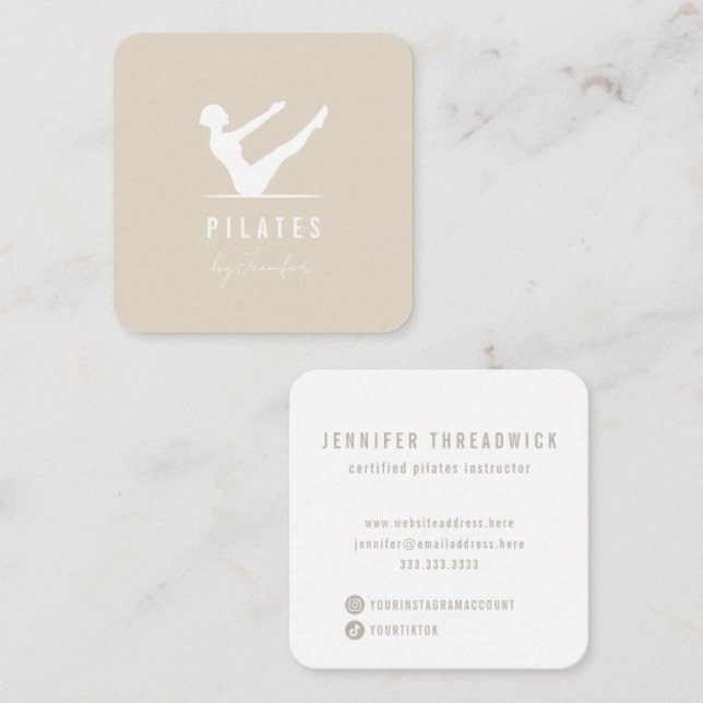 Minimal Modern Cream Beige Female Logo Pilates Square Business Card (Front/Back)