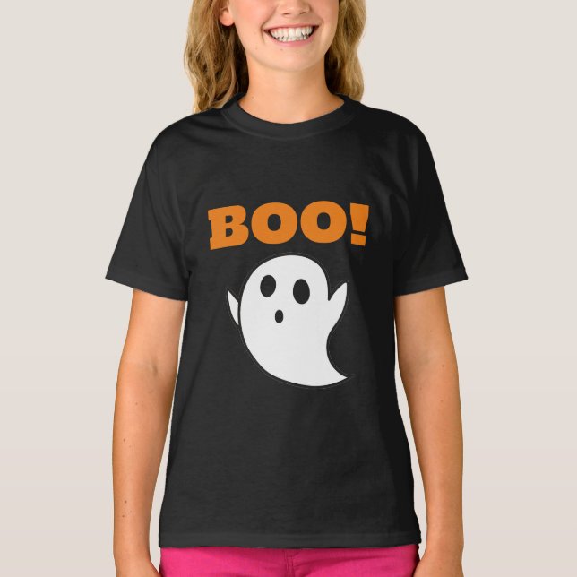 Minimal Modern Cute Ghost with BOO! words T-Shirt (Front)