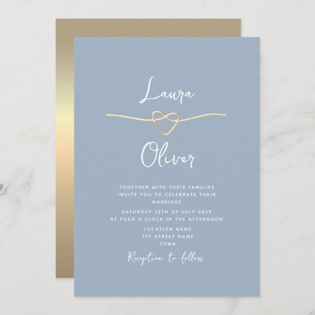 Minimal Modern Dusty Blue Gold Wedding Invitation (Front/Back)