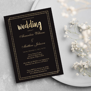 Minimal Modern Elegant Chic Black Gold Wedding Invitation Postcard