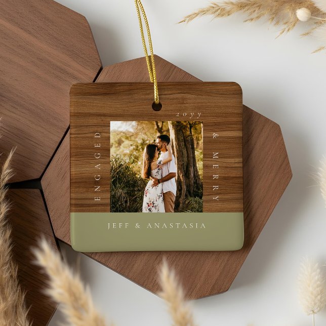 Minimal Modern Engaged & Merry 2 Photo Engagement Ceramic Ornament (Minimal Modern Engaged & Merry 2 Photo Engagement Ceramic Ornament)