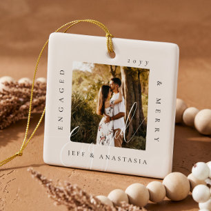 Minimal Modern Engaged & Merry 2 Photo Engagement Ceramic Ornament