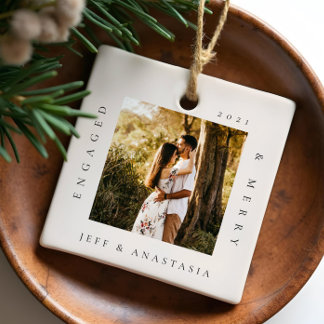 Minimal Modern Engaged & Merry 2 Photo Engagement Ceramic Ornament
