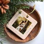 Minimal Modern Engaged & Merry 2 Photo Engagement Ceramic Ornament<br><div class="desc">Minimal and modern simple photo keepsake photo ornament to commemorate your first Christmas engaged. The design features a simple minimal design with a square photo design to display your special engagement photo. "Engaged & Merry", year and couple's name displayed in a simple modern design around the photo. Two photo ornament...</div>