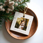 Minimal Modern Engaged & Merry 2 Photo Engagement Ceramic Ornament<br><div class="desc">Minimal and modern simple photo keepsake photo ornament to commemorate your first Christmas engaged. The design features a simple minimal design with a square photo design to display your special engagement photo. "Engaged & Merry", year and couple's name displayed in a simple modern design around the photo. Two photo ornament...</div>