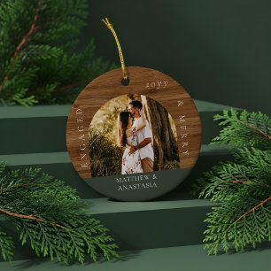 Minimal Modern Engaged & Merry 2 Photo Engagement Ceramic Tree Decoration