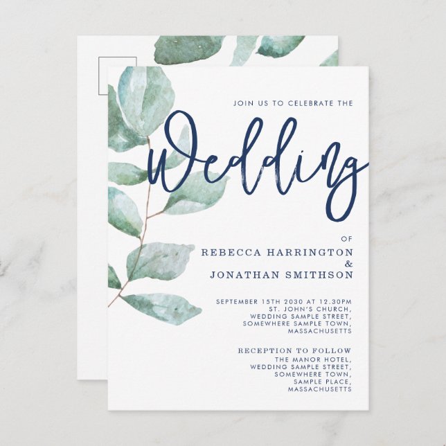 Minimal Modern Eucalyptus Green Navy Blue Wedding  Postcard (Front/Back)