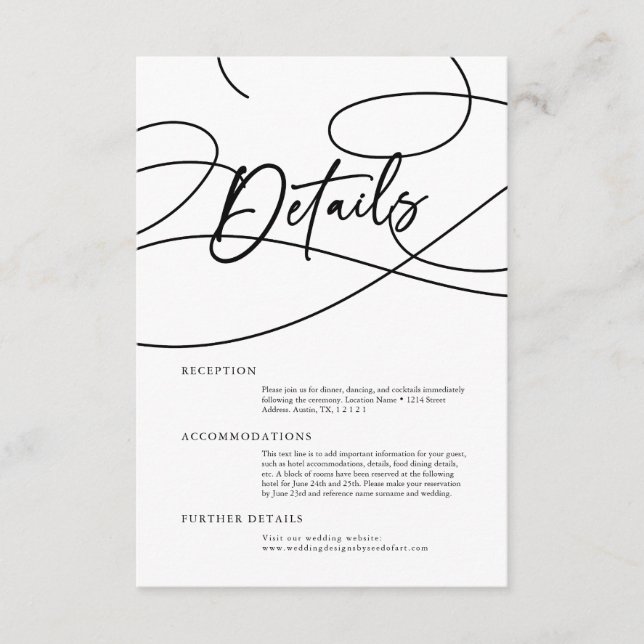 Minimal Modern Fancy Script "Details" Wedding Enclosure Card (Front)