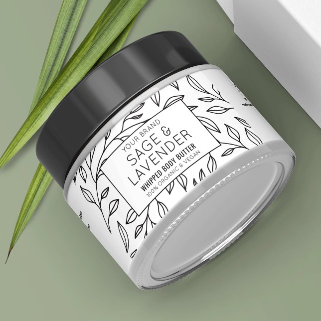 Minimal Modern Floral Cosmetic Jar Wrapper Label (Elegant floral skincare jar packaging label template in black and white with botanical background)