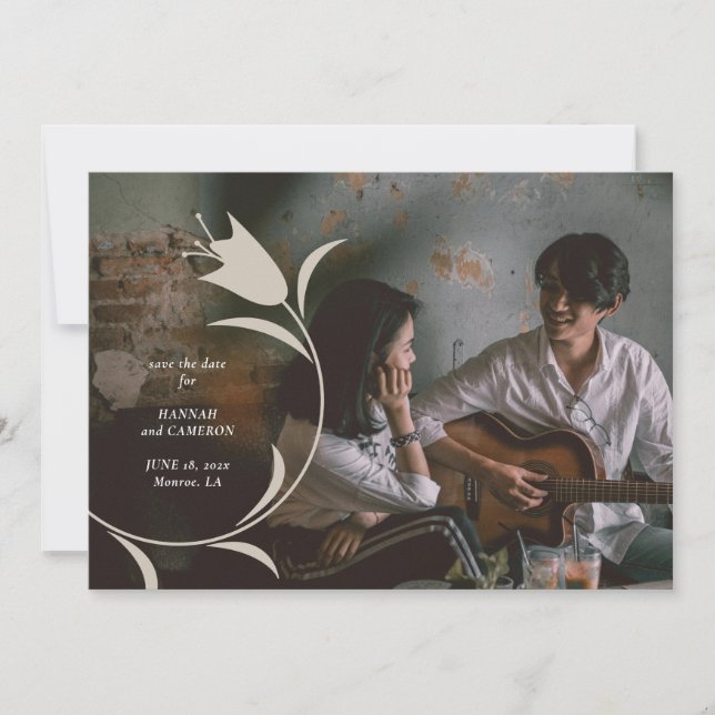 Minimal Modern Floral Greige & Espresso Wedding Save The Date (Front)