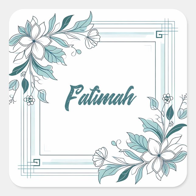 Minimal Modern Floral White and Green Name Square Sticker (Front)