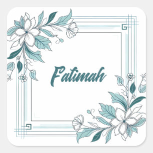 Minimal Modern Floral White and Green Name Square Sticker