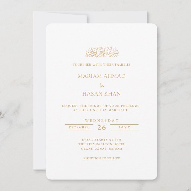 Minimal Modern Formal Gold Script Muslim Wedding Invitation (Front)