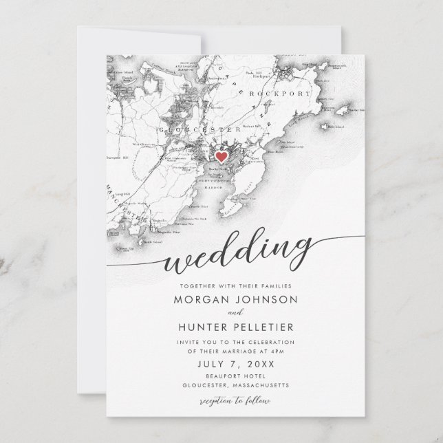 Minimal Modern Gloucester MA Map Wedding Invitation (Front)