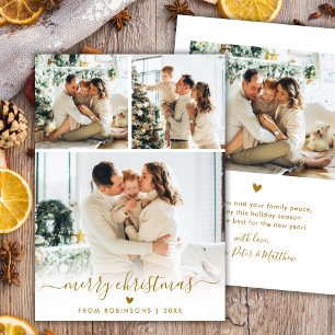 Minimal Modern Gold Script 4 Photo Merry Christmas Holiday Card