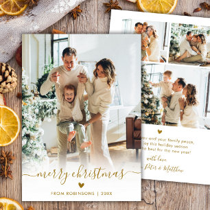Minimal Modern Gold Script 4 Photo Merry Christmas Holiday Card