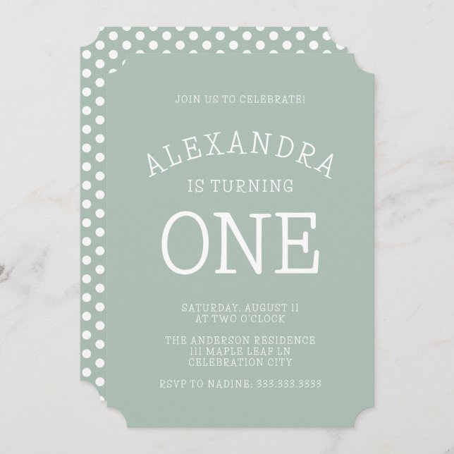 Minimal Modern Green Polka Dot First Birthday  Invitation (Front/Back)