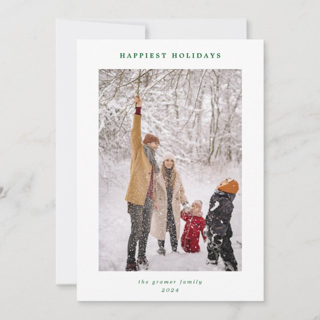 Minimal Modern Green White Happiest Holidays Photo Holiday Card (Front)