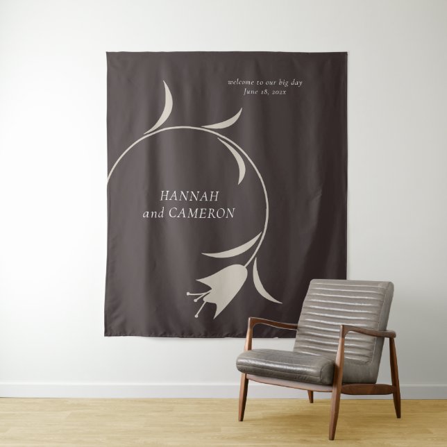 Minimal Modern Greige & Espresso Floral Wedding Tapestry (In Situ)