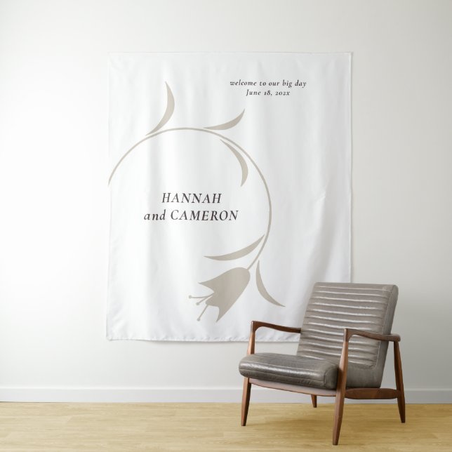 Minimal Modern Greige & Espresso Floral Wedding Tapestry (In Situ)