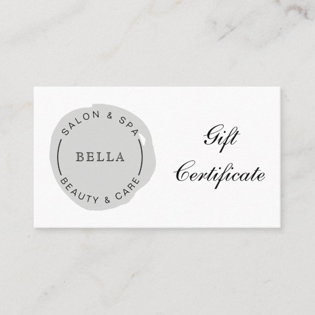 Minimal Modern Grey Salon Spa Gift Certificate (Front)