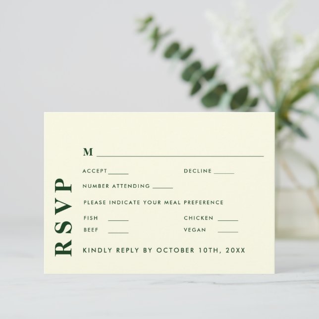 Minimal Modern Ivory & Green Wedding Elegant RSVP Card (Standing Front)