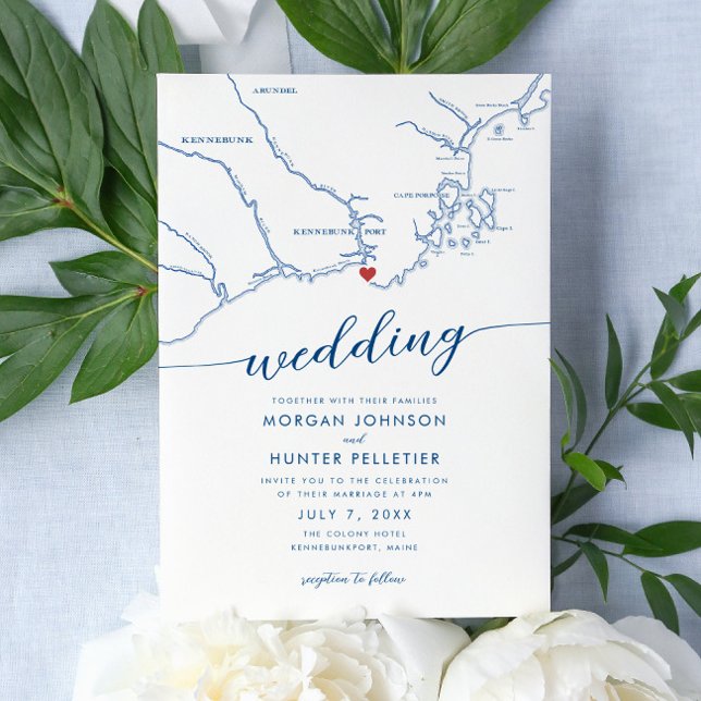 Minimal Modern Kennebunkport Maine Map Wedding Invitation (Modern Minimal Elegant Kennebunkport Maine Wedding Invitation with red heart over a navy blue map)