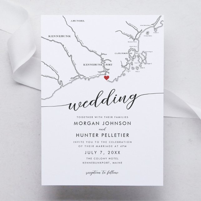 Minimal Modern Kennebunkport Maine Map Wedding Invitation (Kennebunkport Maine Wedding Invitation with a minimal modern elegant map design in black and white)
