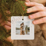 Minimal Modern Married & Merry Gold Script 2 Photo Ceramic Ornament<br><div class="desc">Minimal and modern simple photo keepsake photo ornament to commemorate your first Christmas married. The design features a simple minimal design with a square photo design to display your special wedding photo. "Married & Merry", year and couple's name displayed in a simple modern design around the photo. Two photo ornament...</div>