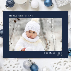 Minimal Modern Merry Christmas Photo Blue Holiday Card