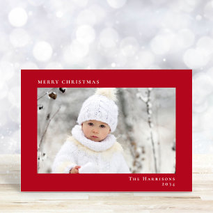 Minimal Modern Merry Christmas Photo Red Holiday Card
