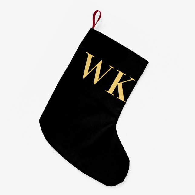Minimal Modern Monogram Black Gold Small Christmas Stocking (Front (Hanging))