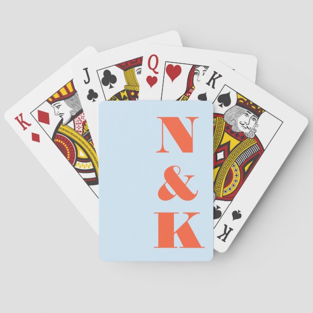 Minimal Modern Monogram Blue Orange Custom Wedding Playing Cards (Back)