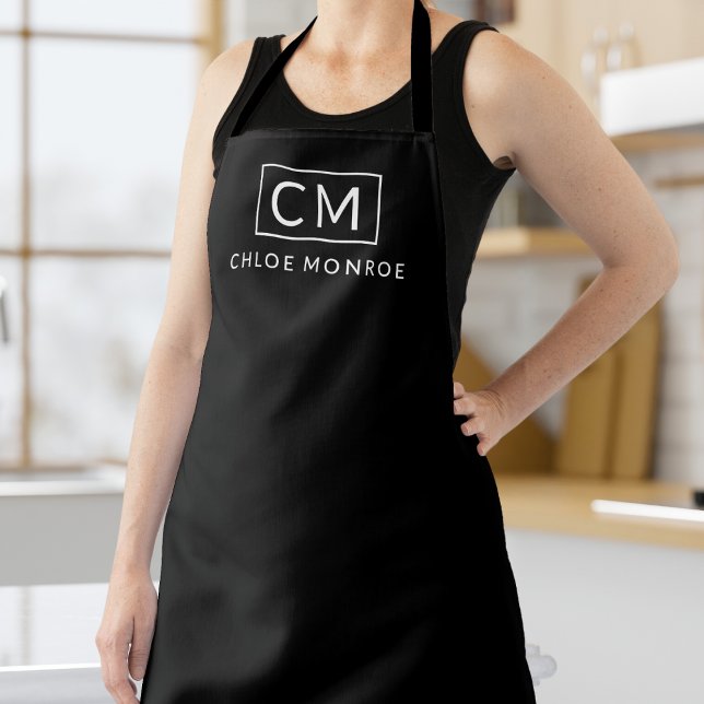 Minimal Modern Monogram Name Classic Black White Apron (Creator Uploaded)