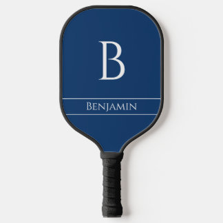 Minimal Modern Monogram & Name in Navy Blue, White Pickleball Paddle